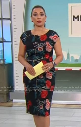Michelle Miller’s black floral sheath dress on CBS Mornings