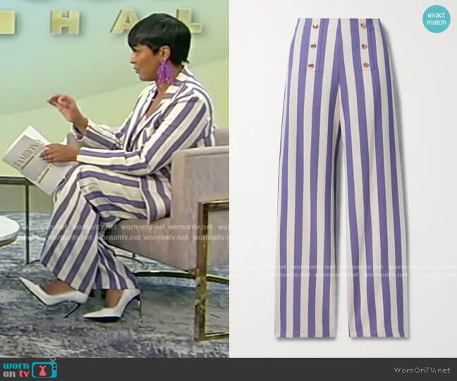 Miguelina Serafina button-embellished striped cotton-twill wide-leg pants worn by Tamron Hall on Tamron Hall Show