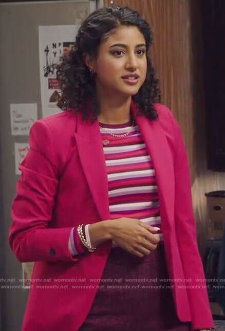 Mikaela’s striped top and pink blazer on Mr Mayor