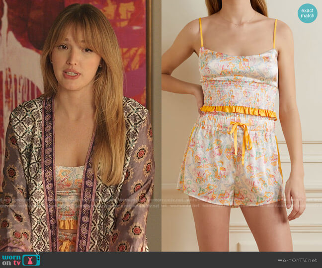 Morgan Lane Lia Rickie Shirred Printed Silk-Blend Satin Pajama Set worn by Kirby Anders (Maddison Brown) on Dynasty