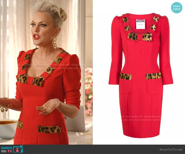 Moschino Leopard-Trim Bow Detail Dress worn by Alexis Carrington (Elaine Hendrix) on Dynasty