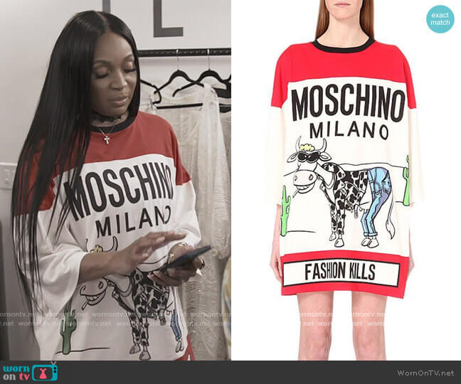 Moschino Jeremy Scott Fashion Kills T-shirt Dress worn by Marlo Hampton on The Real Housewives of Atlanta