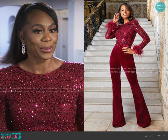 Nadine Merabi Monique Red Jumpsuit worn by Sanya Richards-Ross on The Real Housewives of Atlanta
