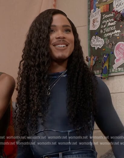 Nathaniel’s blue exposed stitch bodysuit on All American Homecoming