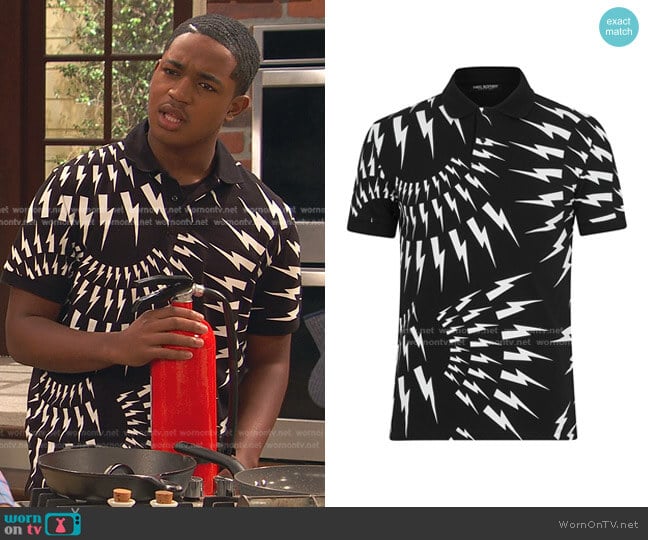 Neil Barrett Crazy Bolts Polo Shirt worn by Booker Baxter (Issac Ryan Brown) on Ravens Home