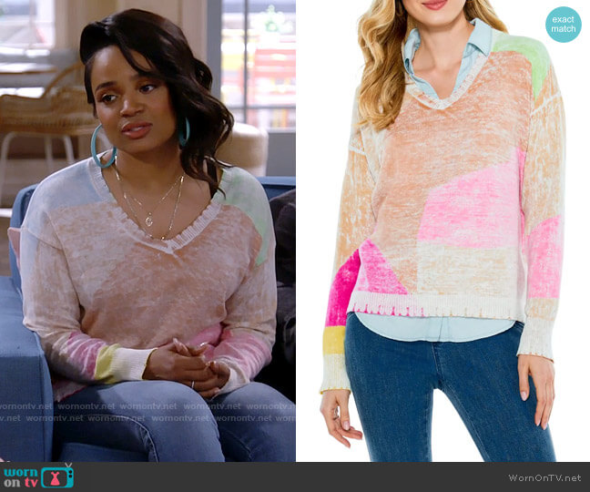 Nic + Zoe Mosaic Sunrise Sweater worn by Randi (Kyla Pratt) on Call Me Kat