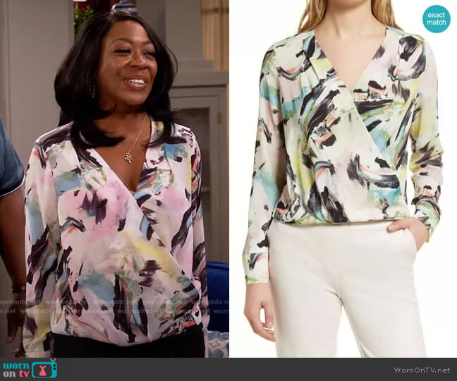 Nic + Zoe Cross Front Blouse in Ivory Multi Vivid Strokes worn by Tina Butler (Tichina Arnold) on The Neighborhood