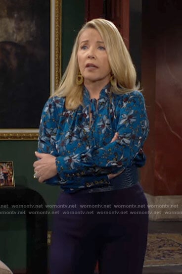 Nikki’s blue floral blouse on The Young and the Restless