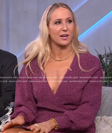 Nikki Glaser’s purple knit wrap dress on The Kelly Clarkson Show