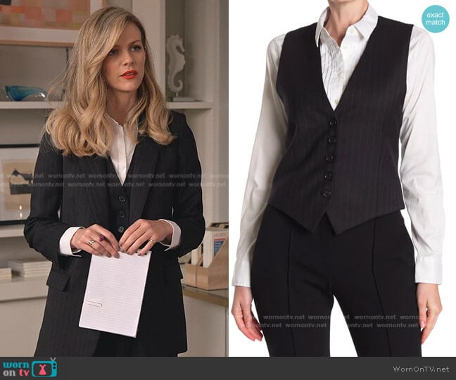 Nili Lotan Angelina Pinstripe Stretch Wool Vest worn by Mallory (Brooklyn Decker) on Grace and Frankie