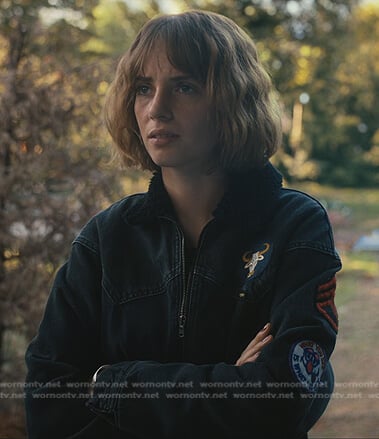Robin’s black shearling collar bomber jacket on Stranger Things