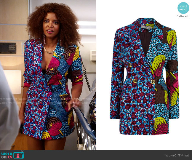 Ohema Ohene Jacqueline Print Clash African Print Blazer in Blue worn by Wickie Roy (Renée Elise Goldsberry) on Girls5eva