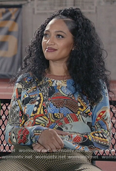 Olivia’s blue printed sweatshirt on All American