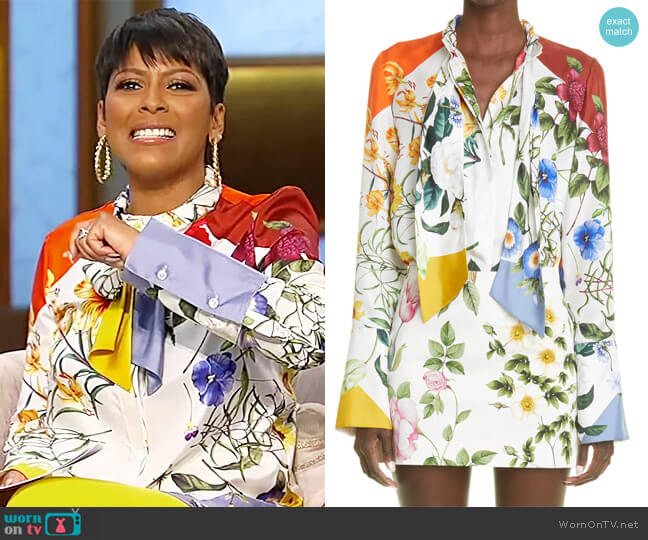 Oscar de la Renta Geometric Floral Tie Neck Silk Twill Blouse worn by Tamron Hall on Tamron Hall Show