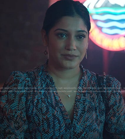 Padma’s blue snake print dress on The Resident