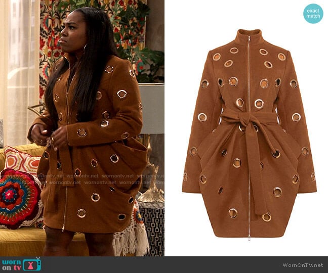 Pantora Ronda Draped Grommet Coat worn by Harper (Laci Mosley) on iCarly
