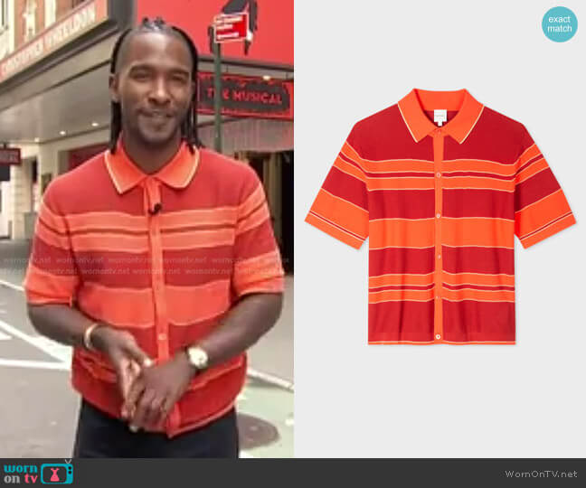 Paul Smith Stripe Full-Placket Polo Shirt worn by Scott Evans on Access Hollywood