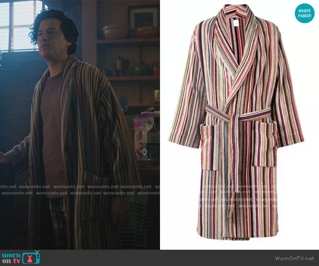 Paul Smith Signature stripe cotton bathrobe worn by Jughead Jones (Cole Sprouse) on Riverdale