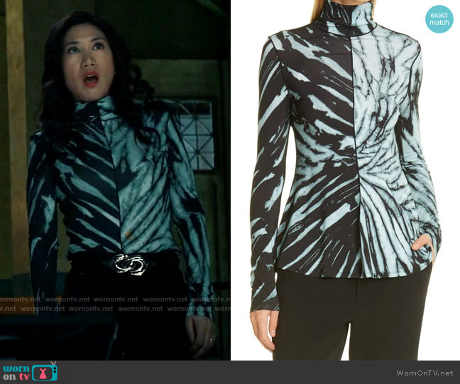 Proenza Schouler White Label Spiral Tie Dye Blocked Turtleneck Top worn by Melody Bayani (Liza Lapira) on The Equalizer