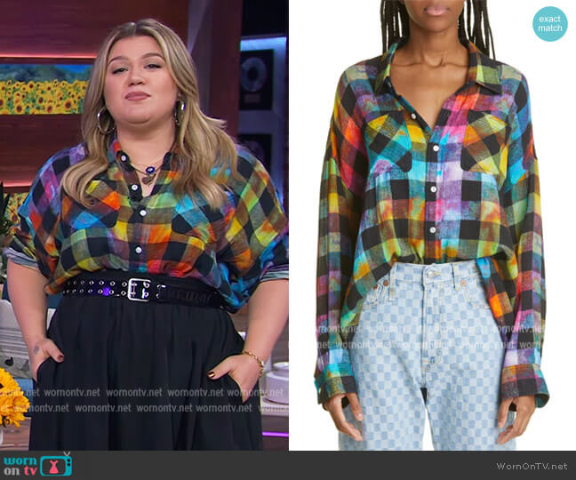 R13 Rainbow Plaid Oversize Button-Up Shirt worn by Kelly Clarkson on The Kelly Clarkson Show