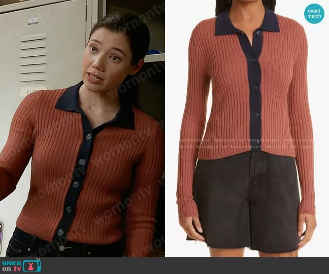 Rag and Bone Navaya Cardigan in Rust worn by Violet Mikami (Hanako Greensmith) on Chicago Fire
