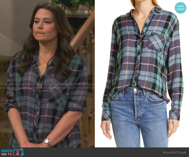 Rails Hunter Metallic Thread Plaid Button-Up Shirt in Teal Navy Pink worn by Jen (Katie Lowes) on How We Roll