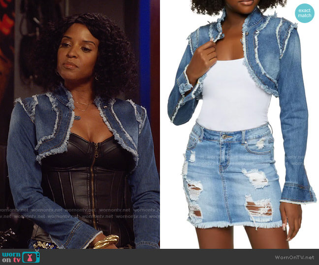 Rainbow Frayed Denim Cropped Jacket in Medium Wash worn by Wickie Roy (Renée Elise Goldsberry) on Girls5eva