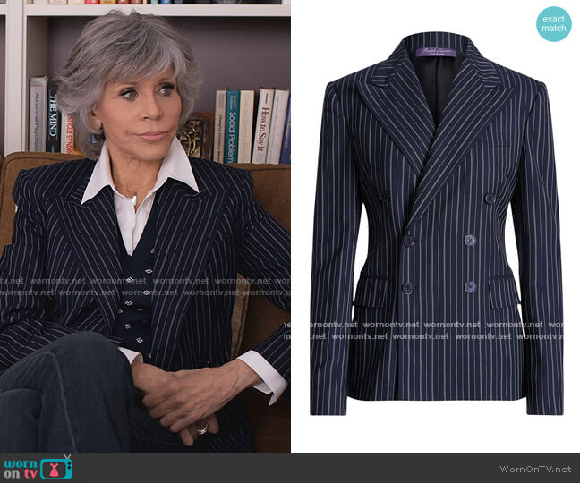 Ralph Lauren Peak-lapel double-breasted blazer worn by Grace (Jane Fonda) on Grace and Frankie