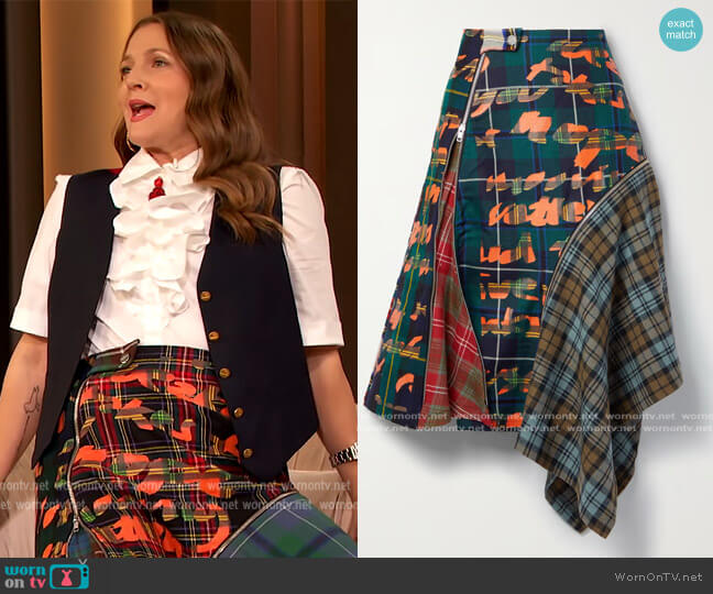 Rave Review Miami convertible asymmetric patchwork checked wool skirt worn by Drew Barrymore on The Drew Barrymore Show