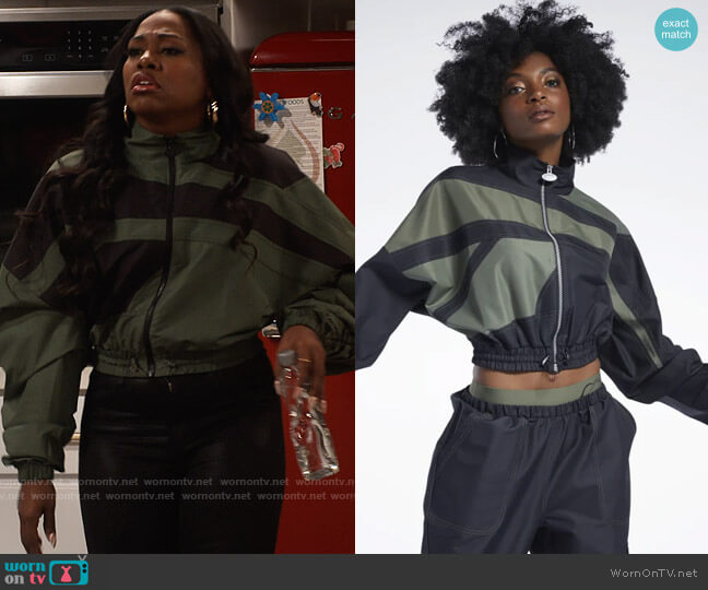 Reebok Cardi B Woven Satin Jacket worn by Harper (Laci Mosley) on iCarly