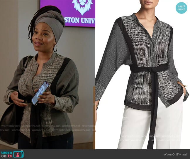 Reiss Kyria Mixed Print Tie Waist Top worn by Amara Patterson (Kelly Jenrette) on All American Homecoming
