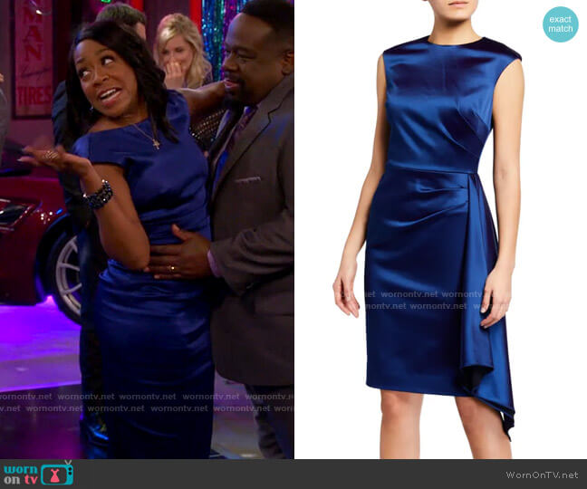 Rickie Freeman for Teri Jon Cap-Sleeve Side-Draped Satin Sheath Dress worn by Tina Butler (Tichina Arnold) on The Neighborhood