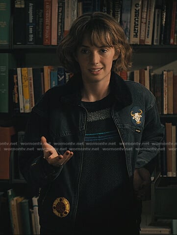 Robin’s black shearling collar bomber jacket on Stranger Things