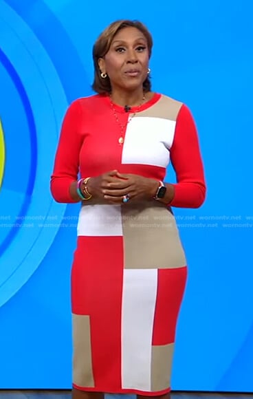 Robin’s red colorblock knit dress on Good Morning America