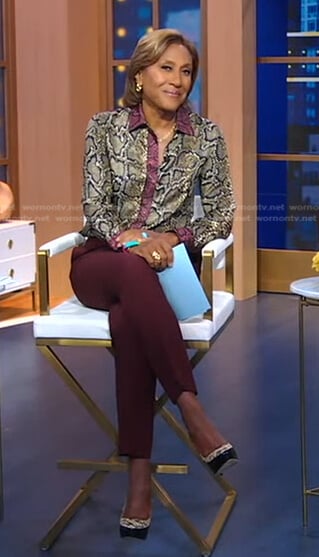 Robin’s snake print blouse and burgundy pants on Good Morning America