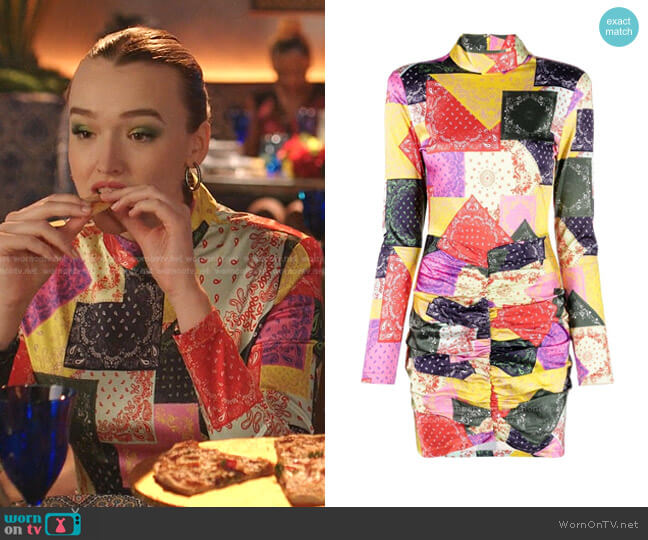 Rotate Miki Patchwork-Print Ruched Dress worn by Kirby Anders (Maddison Brown) on Dynasty