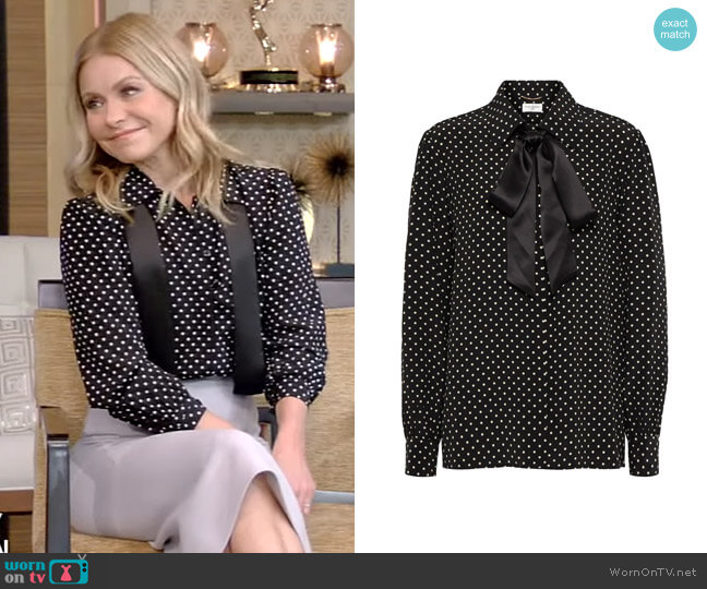 Saint Laurent Tie-Neck Polka-Dot Silk Blouse worn by Kelly Ripa on Live with Kelly and Mark