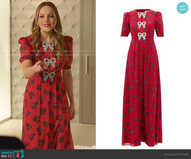 Saloni Jamie Bow-Print Silk Maxi Dress worn by Fallon Carrington (Elizabeth Gillies) on Dynasty