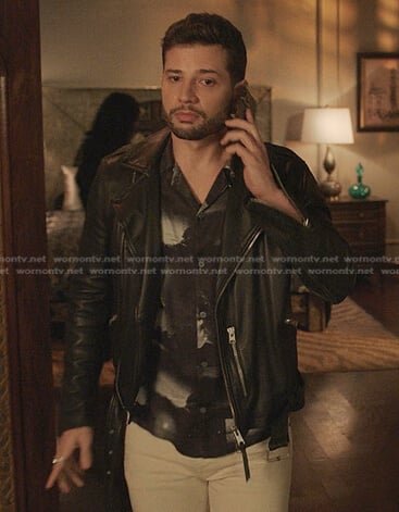 Sam’s black print shirt and moto jacket on Dynasty