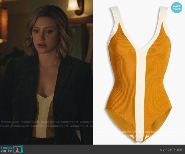 Sandro Nate two-tone ribbed-jersey bodysuit worn by Betty Cooper (Lili Reinhart) on Riverdale