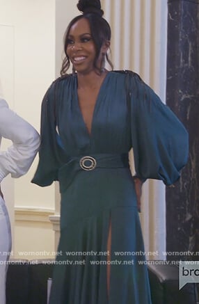 Sanya’s green embellished satin dress on The Real Housewives of Atlanta