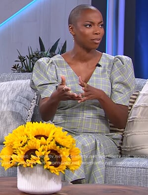 Sasheer Zamata’s gray plaid jumpsuit on The Kelly Clarkson Show