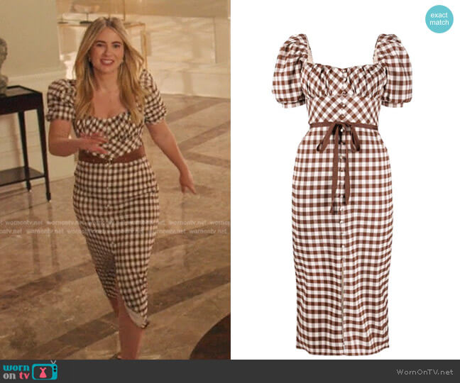 Self Portrait Gingham-Check Square-Neck Dress worn by Amanda Carrington (Eliza Bennett) on Dynasty