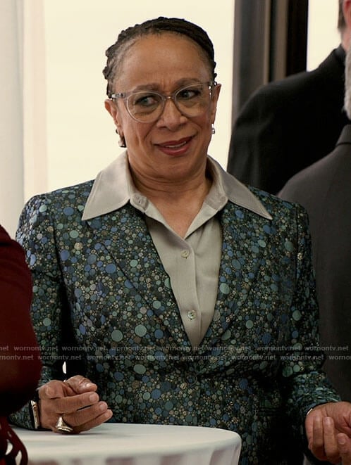 Sharon’s blue dotted blazer on Chicago Med