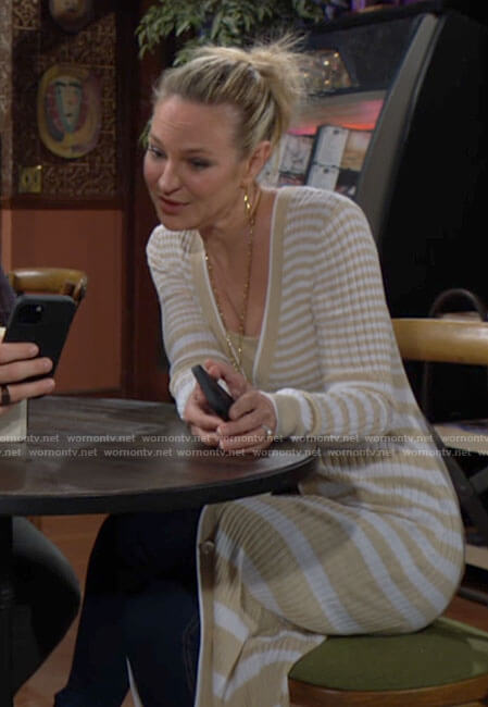 Sharon’s long striped cardigan on The Young and the Restless