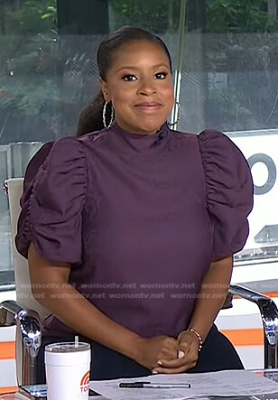 Sheinelle’s purple snake print puff sleeve top on Today