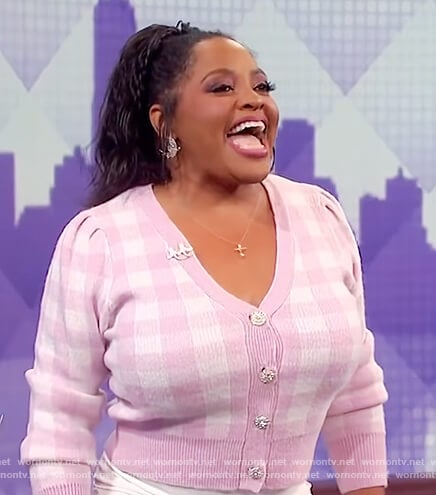 Sherri Shepherd’s pink gingham cardigan on The Wendy Williams Show