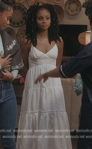 Simone’s white cotton maxi dress on All American Homecoming