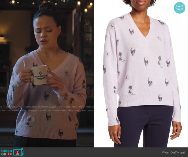 Skull Cashmere Sol V-Neck Skull Palm Tree Print Cashmere Sweater worn by Maggie Vera (Sarah Jeffery) on Charmed