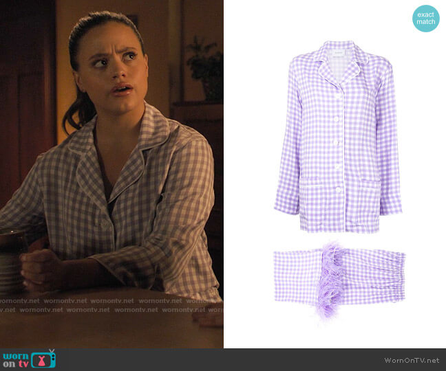 Sleeper Party Pajama Set with Feathers in Lavender Vichy worn by Maggie Vera (Sarah Jeffery) on Charmed